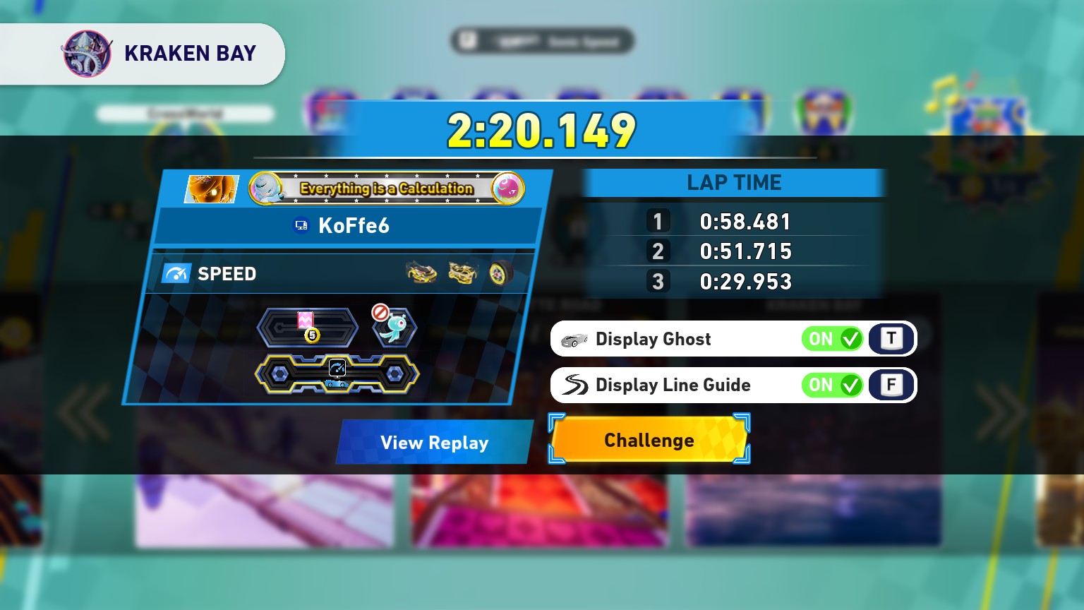 A screenshot from Sonic Racing CrossWorlds featuring the player car customisation and their gadget plate: 5 rings for every dash panel, special speed kit, and boost starter. Lap times are the following: 0:58.481; 0:51.715; 0:29.953