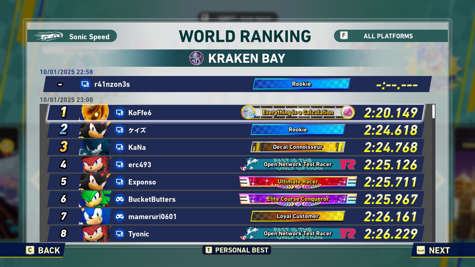 A screenshot from Sonic Racing CrossWorlds featuring a leaderboard for the Time Trial course Kraken bay. Player KoFfe6 currently holding the first place with time 2:20.149