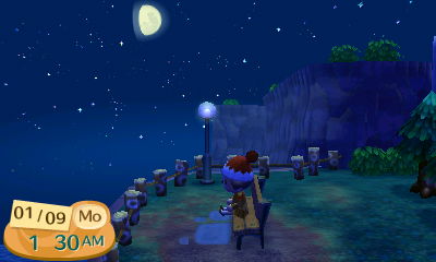 A screenshot from Animal Crossing: New Leaf, featuring my player character in an orange-white yarn hat and an orange-brown dress sitting on a bench at night looking at the sea with the moon and stars shining in the sky."
