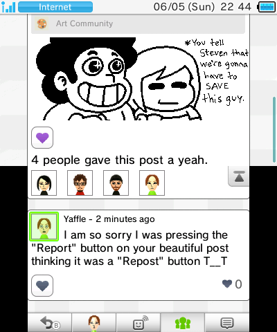 A screenshot of Pretendo Miiverse on my Nintendo 3DS, featuring a black and white drawing of Steven from Steven Universe smiling and the main character from Undertale standing behind him and saying: "*You tell Steven that we are gonna have to SAVE this guy."
