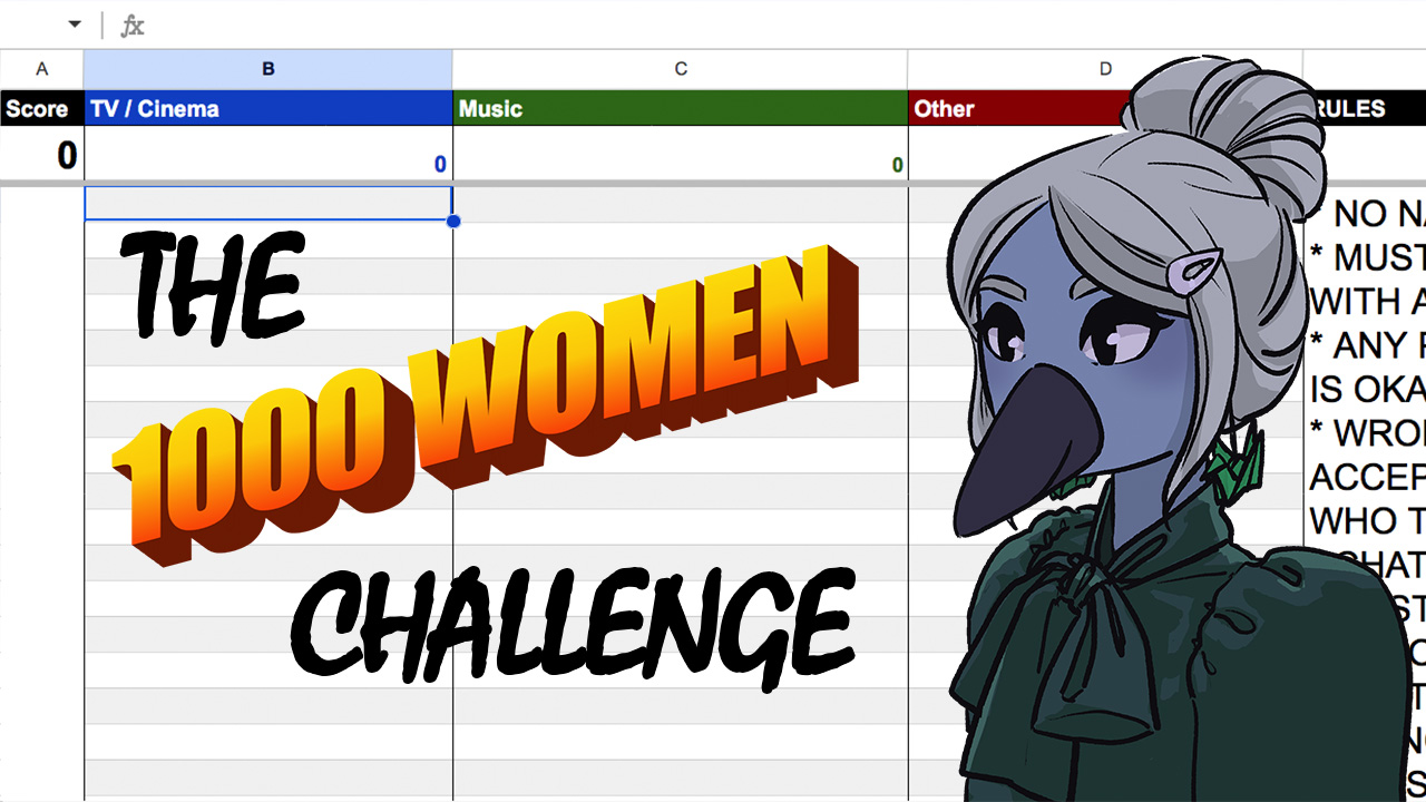 A digital collage featuring an antropomorphic corvid bird with silver hair wearing an emerald green blouse, and a big orange and black title on the left, saying "The 1000 WOMEN Challenge". In the background there is a screenshot of a google spreadsheet used for this challenge.