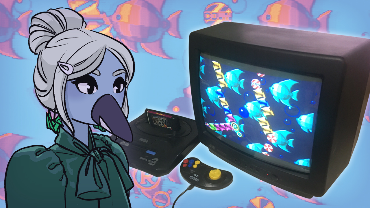 A digital collage featuring an antropomorphic corvid bird with silver hair wearing an emerald green blouse, a cut out photo of an old crt tv and a Sega Mega Drive 2 gaming console. In the background there is a screenshot of the special stage from the video game Sonic the Hedgehog (1991).