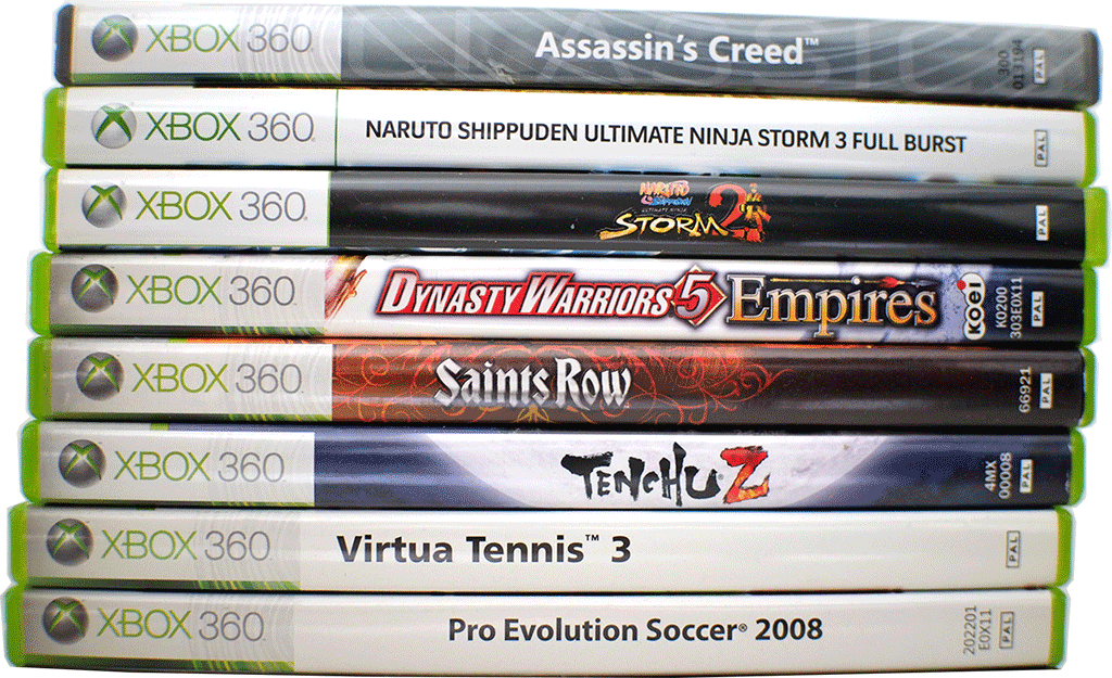 A cutout of a photo featuring eight xbox360 game boxes.