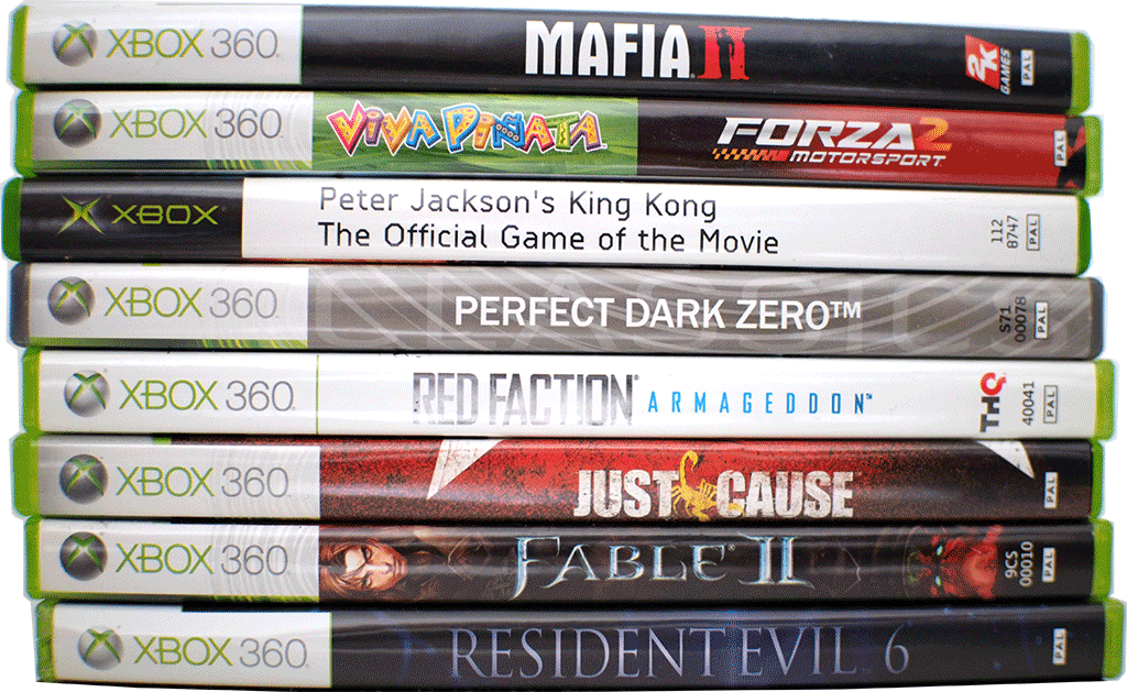 A cutout of a photo featuring eight xbox360 game boxes.