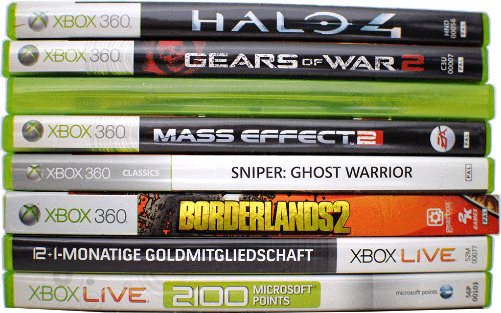 A cutout of a photo featuring eight xbox360 game boxes.
