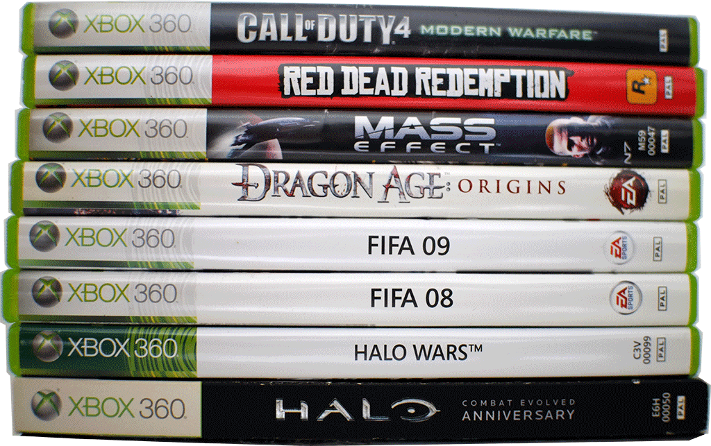 A cutout of a photo featuring eight xbox360 game boxes.