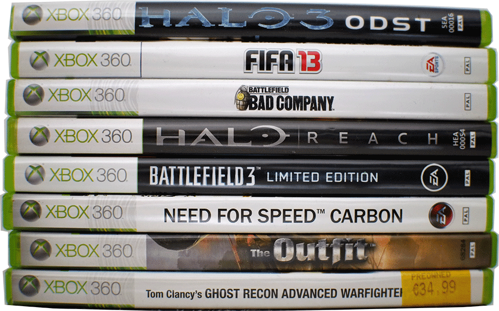 A cutout of a photo featuring eight xbox360 game boxes.