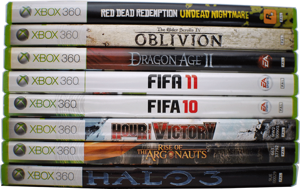 A cutout of a photo featuring eight xbox360 game boxes.