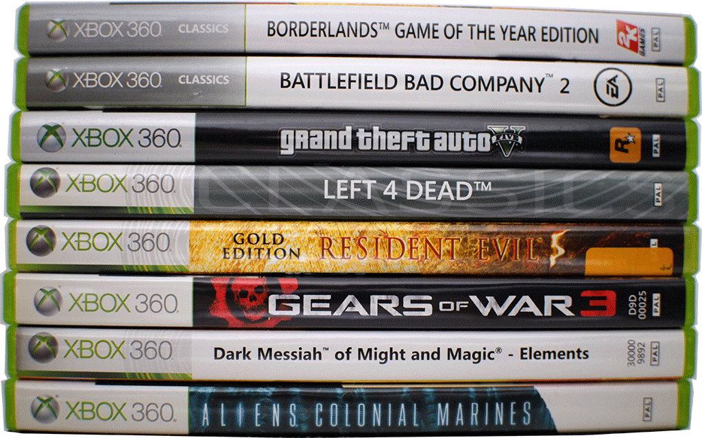 A cutout of a photo featuring eight xbox360 game boxes.