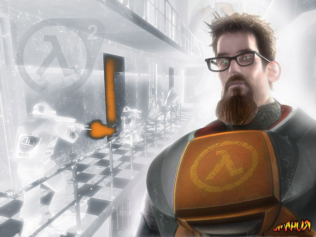 An edited official Half-Life 2 desktop wallpaper featuring the close-up of the main character of the game: his glasses, ears, hair, beard and chest are enlarged to comical proportions.