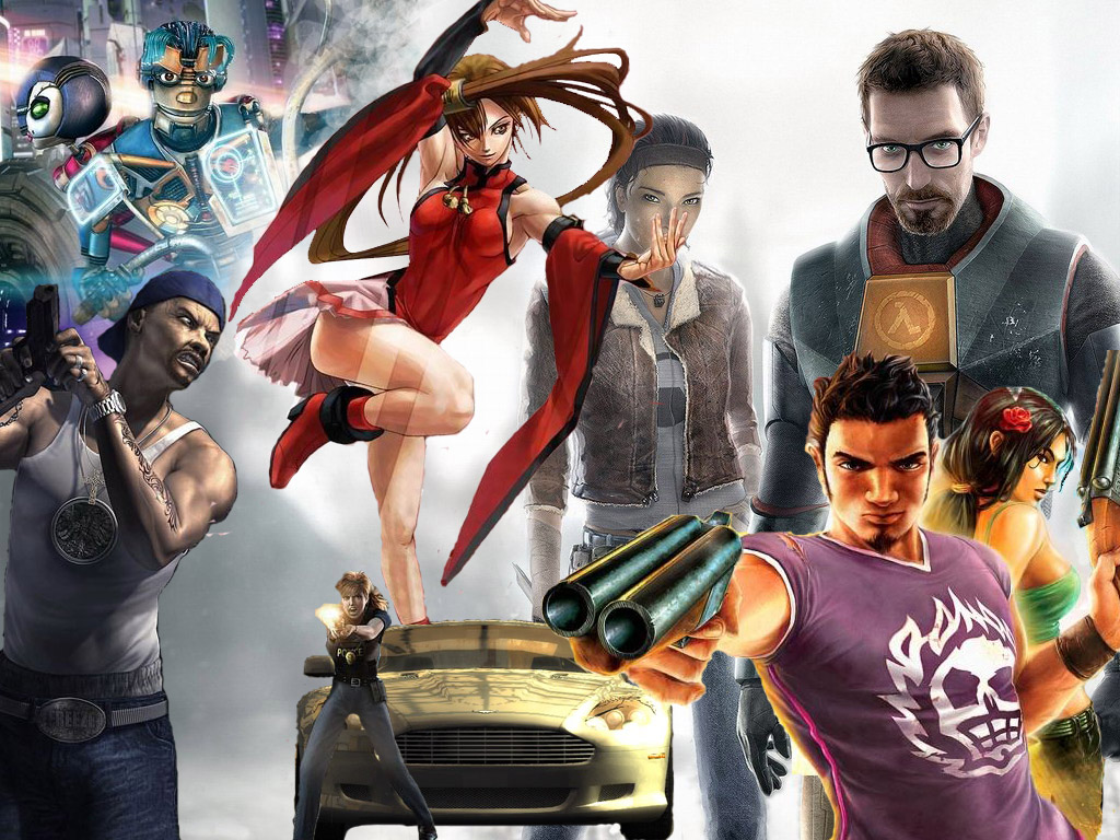 A digital collage featuring main characters of several video games from mid-2000s. Among those: Alyx Vance and Gordon Freeman from Half-Life 2, robots from Scrapland, the main guy and girl from Total Overdose, Jam from Guilty Gear.
