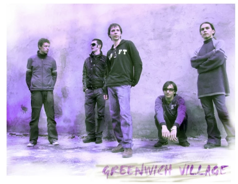 A photo of five young men standing and sitting in various poses in front of a wall. The photo is highly edited with violet filters, the bottom right corner is signed with words greenwich village.