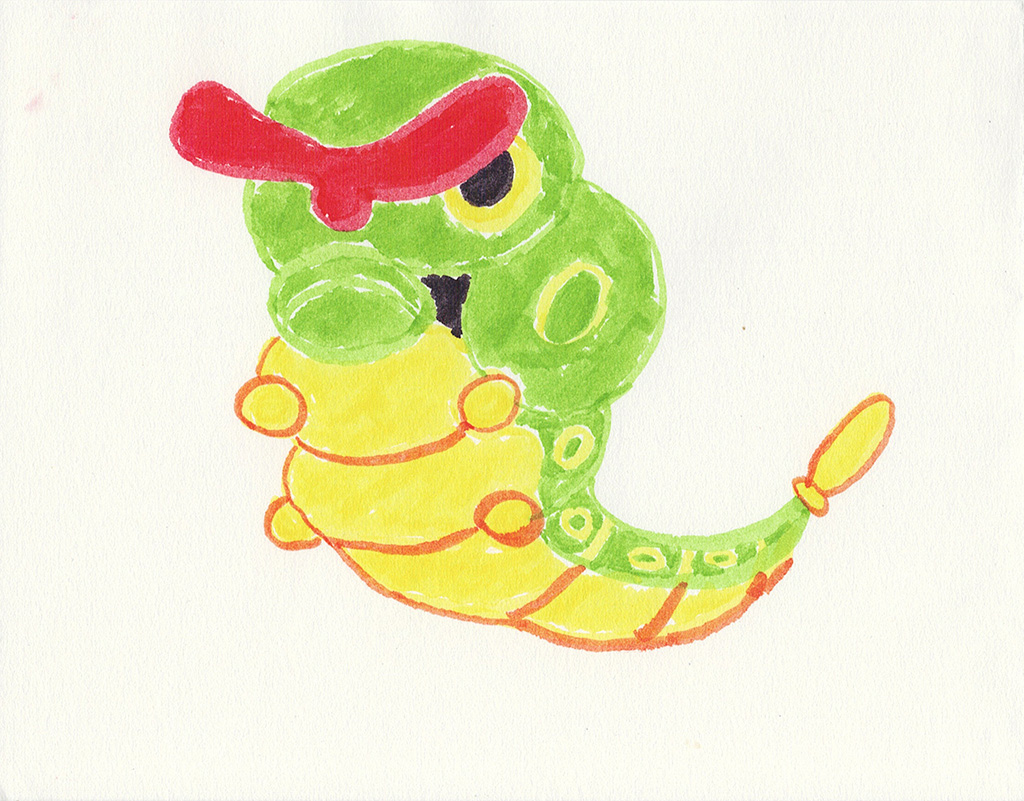 A scanned drawing of Caterpie pokemon made with IKEA MÅLA markers