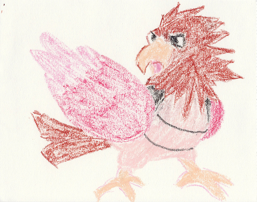 A scanned drawing of Spearow pokemon made with Wax Pastels