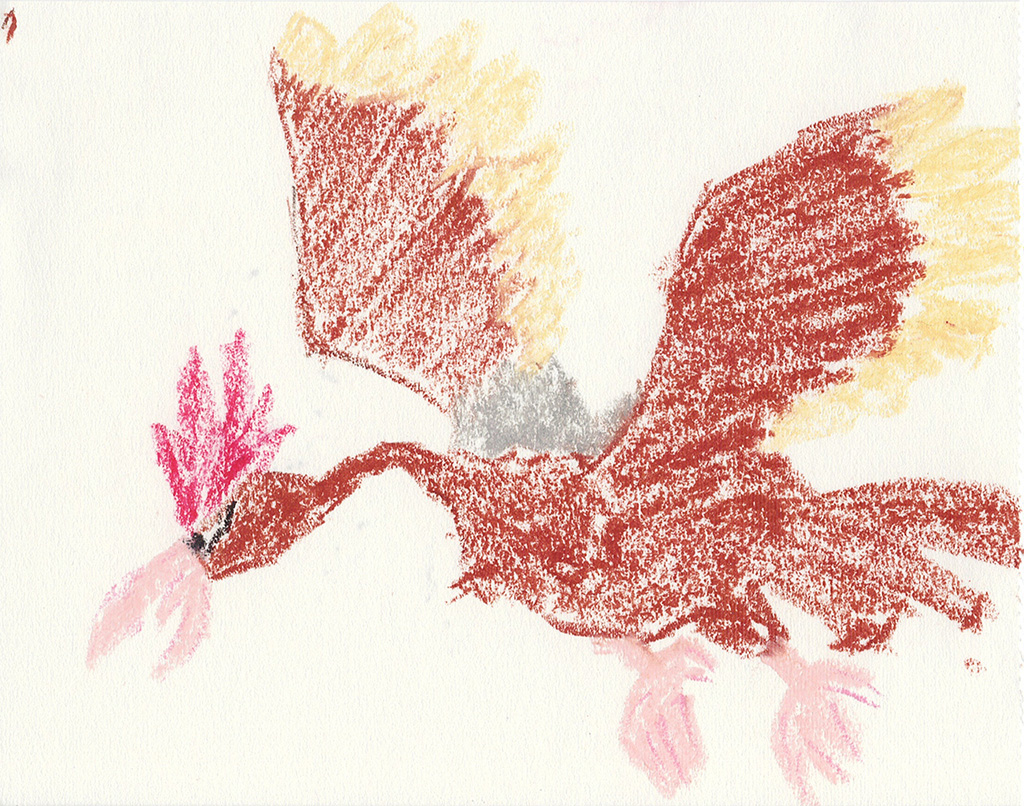 A scanned drawing of Fearow pokemon made with Wax Pastels