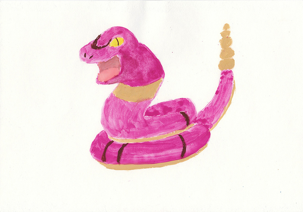 A scanned drawing of Ekans pokemon made with Gouache