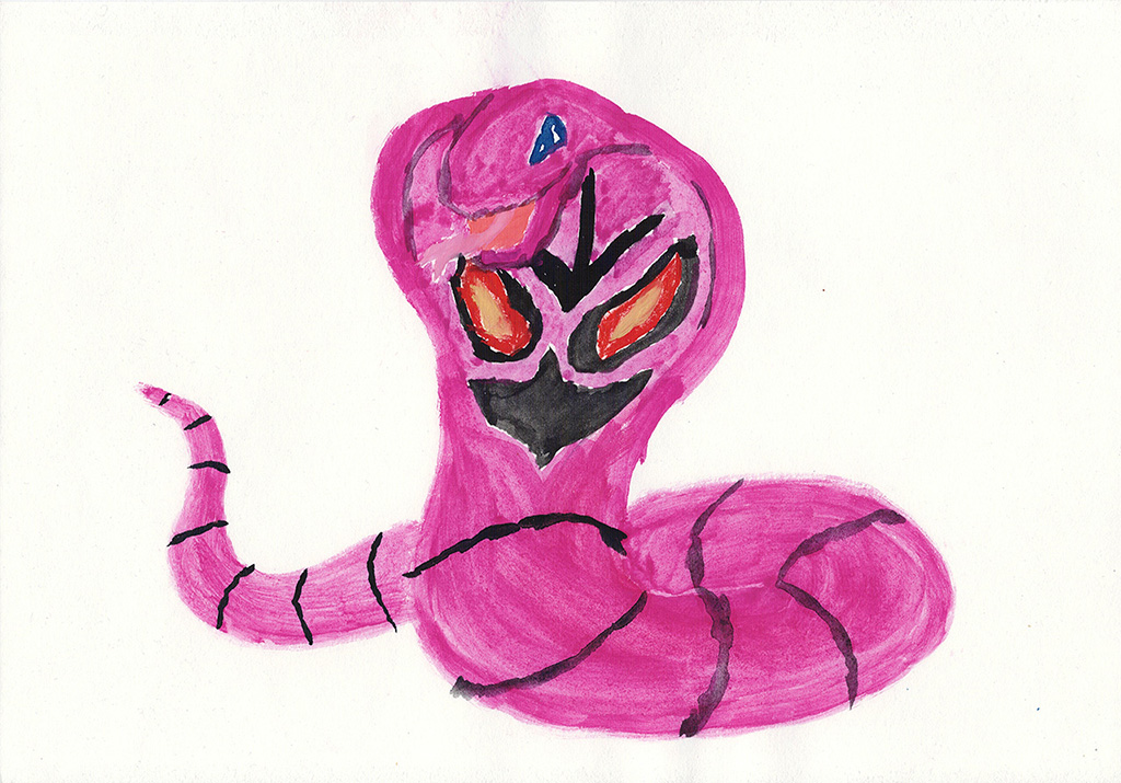 A scanned drawing of Arbok pokemon made with Gouache