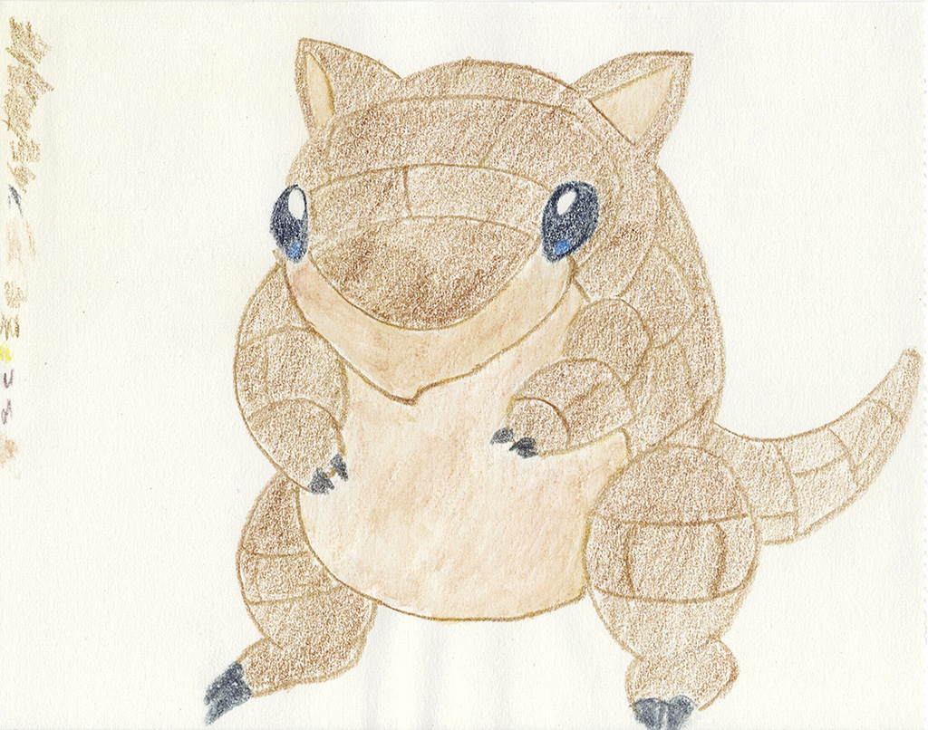 A scanned drawing of Sandshrew pokemon made with Wax Pastels