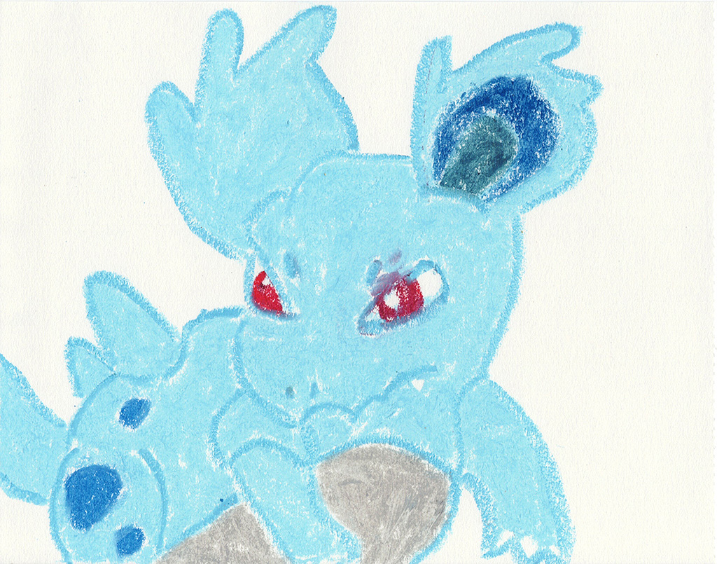 A scanned drawing of Nidorina pokemon made with Wax Pastels