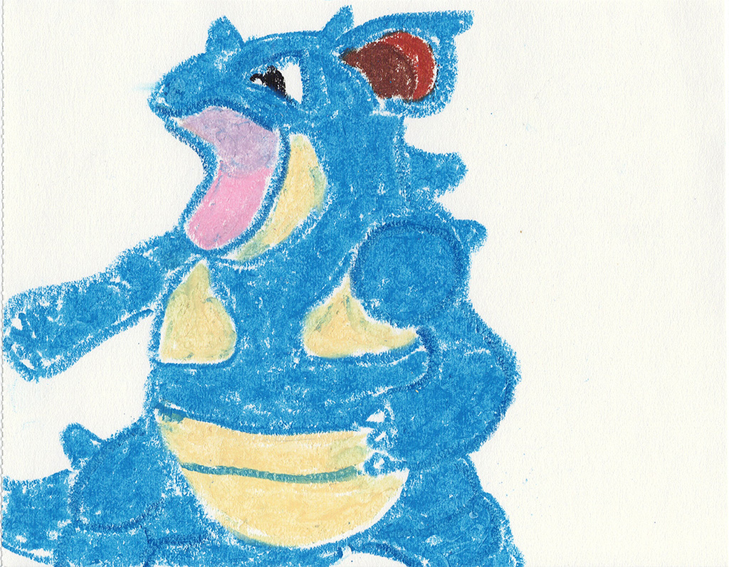 A scanned drawing of Nidoqueen pokemon made with Wax Pastels