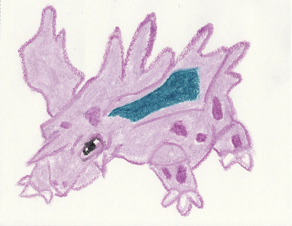 A scanned drawing of Nidorino pokemon made with Wax Pastels
