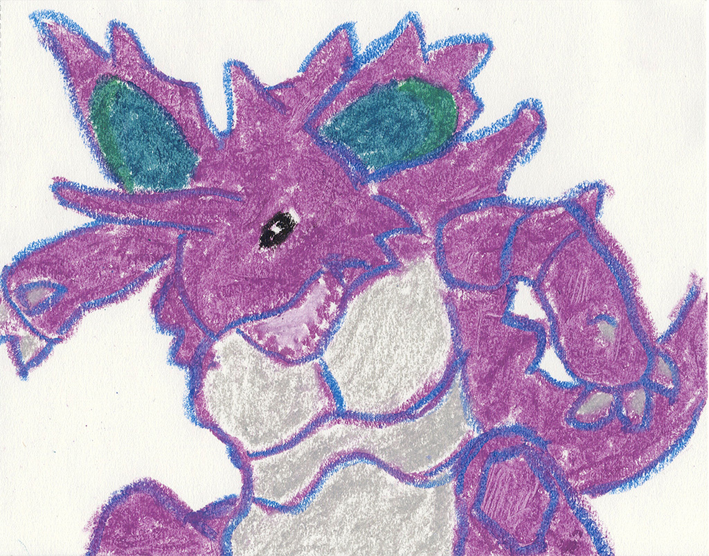 A scanned drawing of Nidoking pokemon made with Wax Pastels