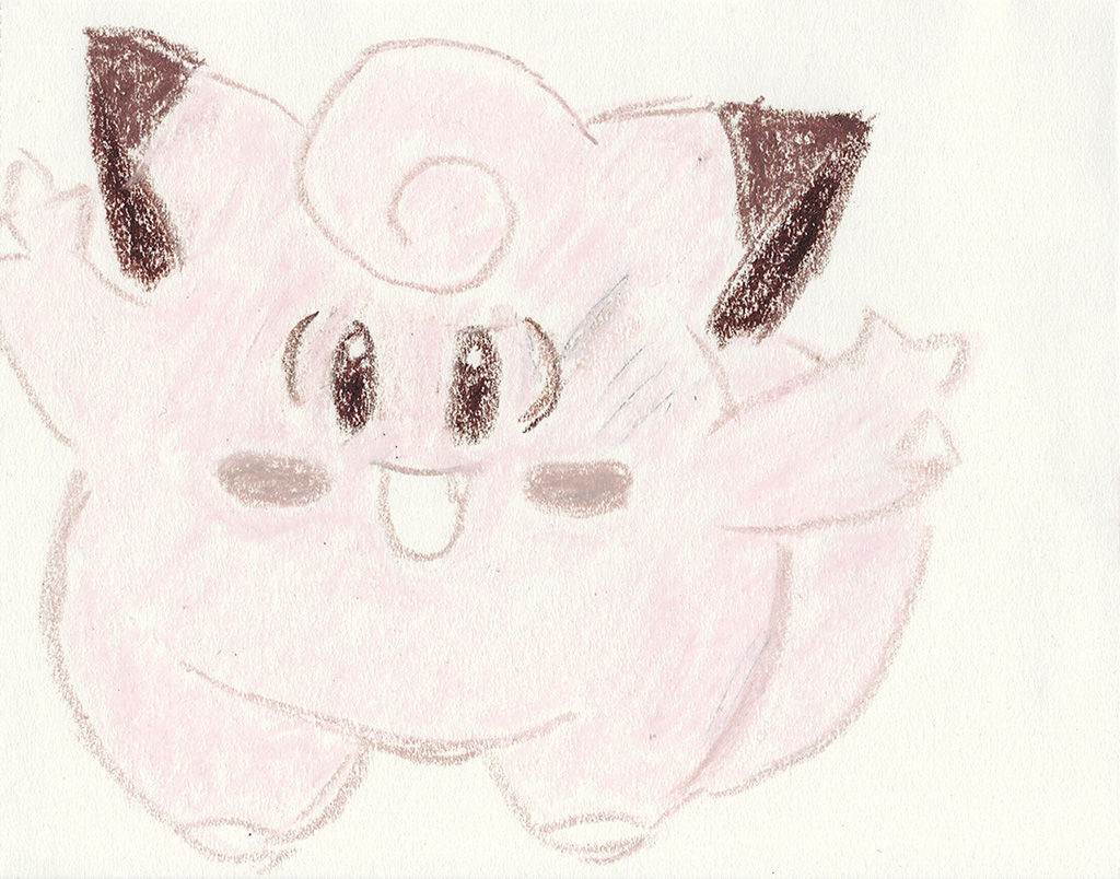 A scanned drawing of Clefairy pokemon made with Wax Pastels