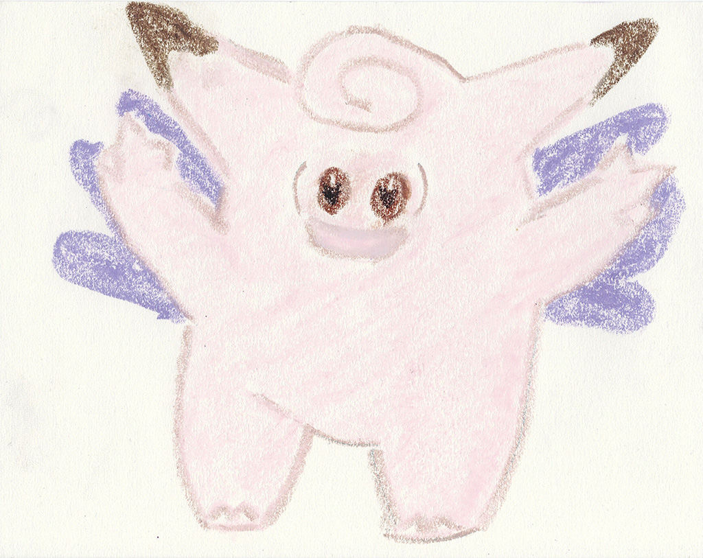A scanned drawing of Clefable pokemon made with Wax Pastels