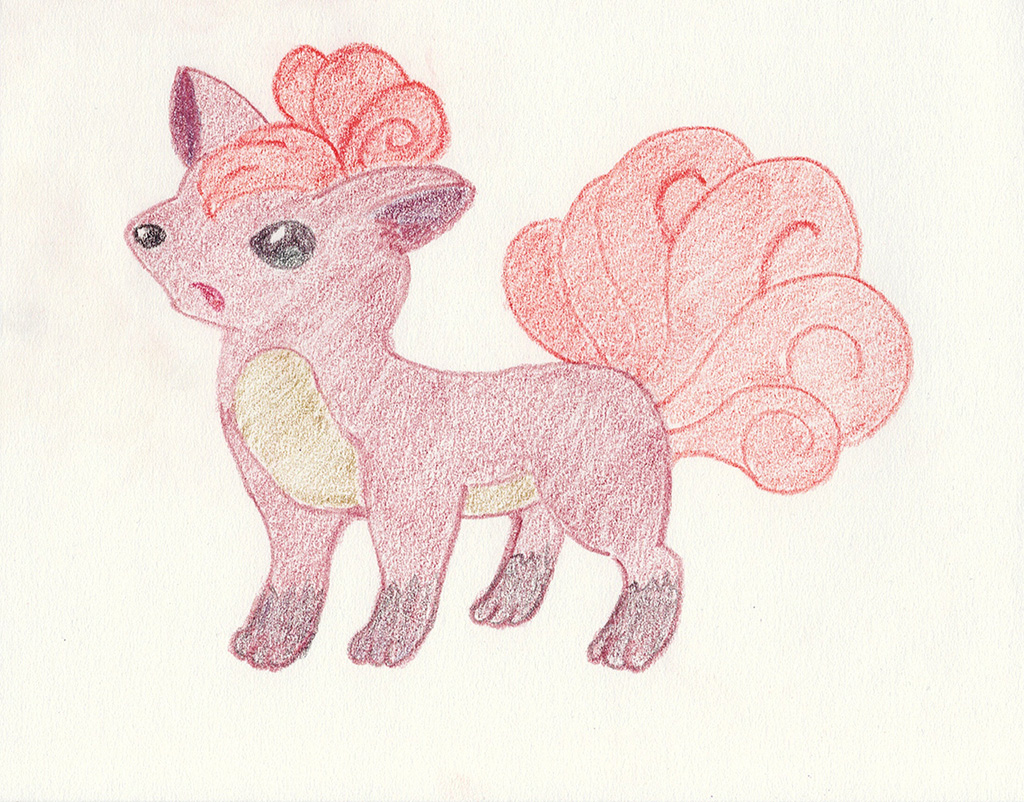 A scanned drawing of Vulpix pokemon made with Wax Pastels