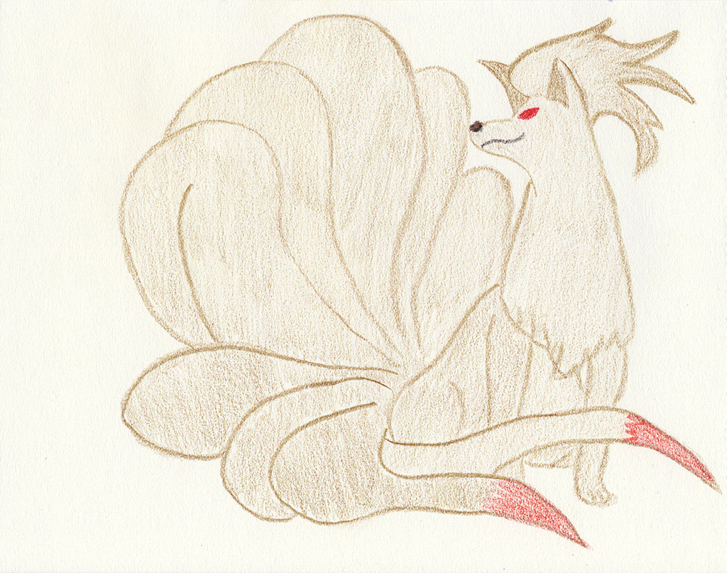 A scanned drawing of Ninetales pokemon made with Wax Pastels