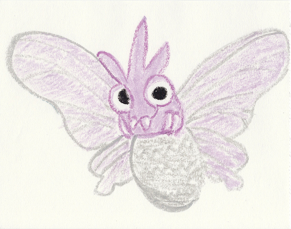 A scanned drawing of Venomoth pokemon made with Wax Pastels