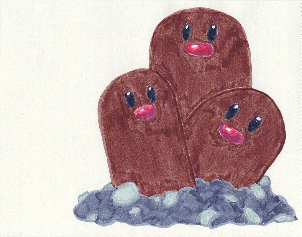 A scanned drawing of Dugtrio pokemon made with Various Markers