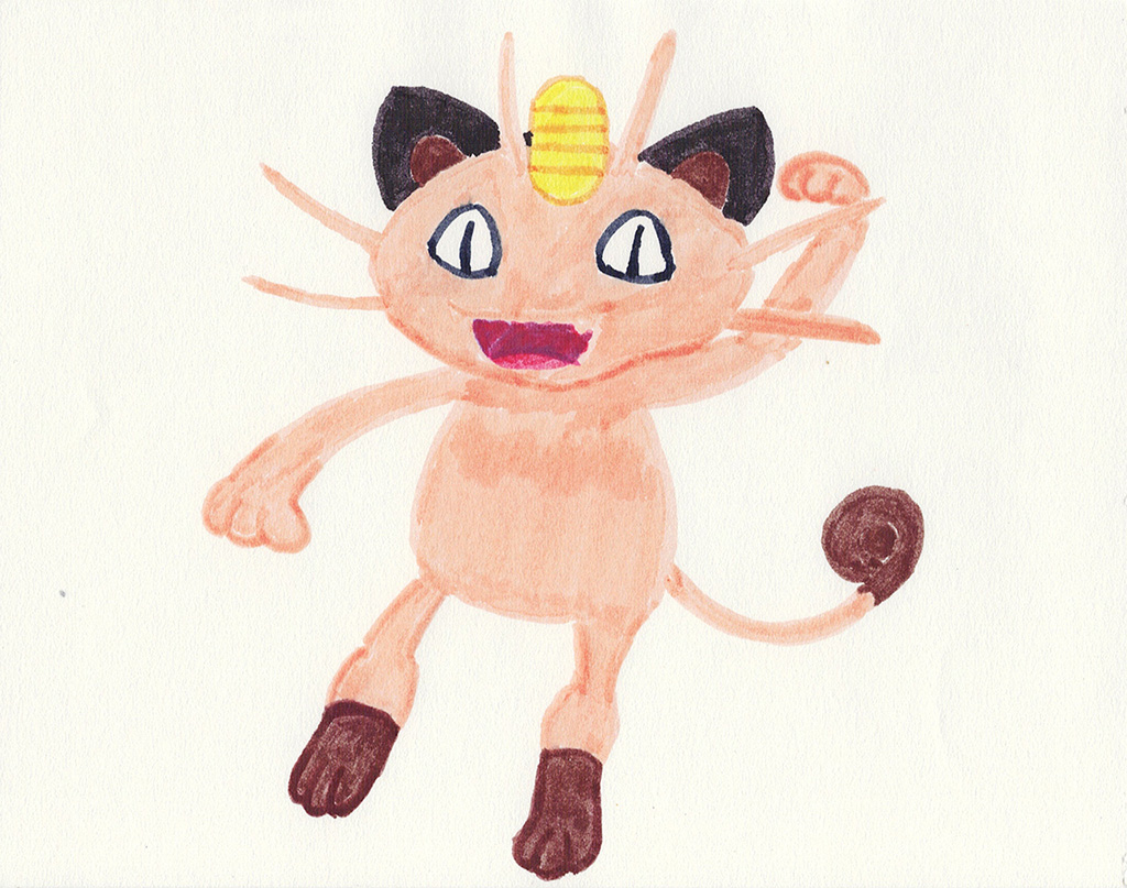 A scanned drawing of Meowth pokemon made with Various Markers