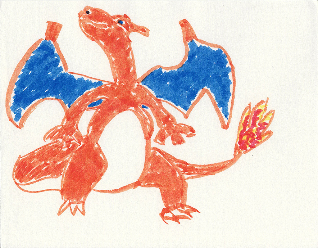 A scanned drawing of Charizard pokemon made with IKEA MÅLA markers