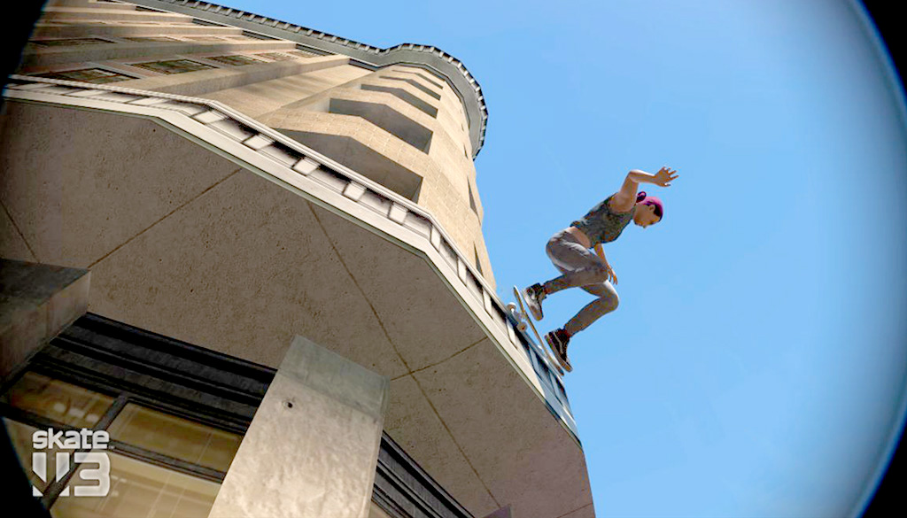 A virtual photo from below of a skater doing a wallride on a round stone canopy of a building.