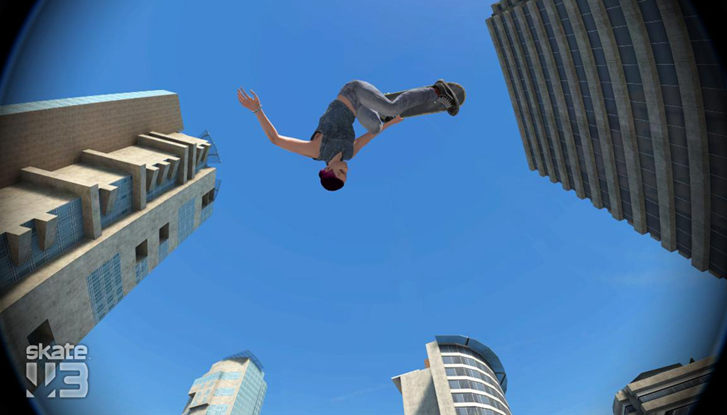 A virtual photo from below of a skater flying right above the camera in the air while upside down and doing a grab trick.